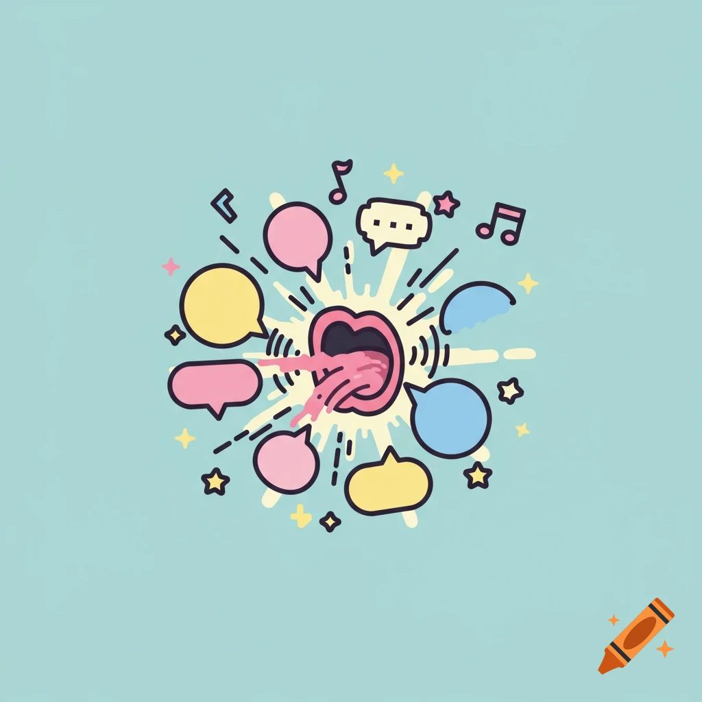 A colorful flat vector illustration of an open mouth emitting pink fluid, surrounded by speech bubbles, musical notes, and stars on a light blue background.