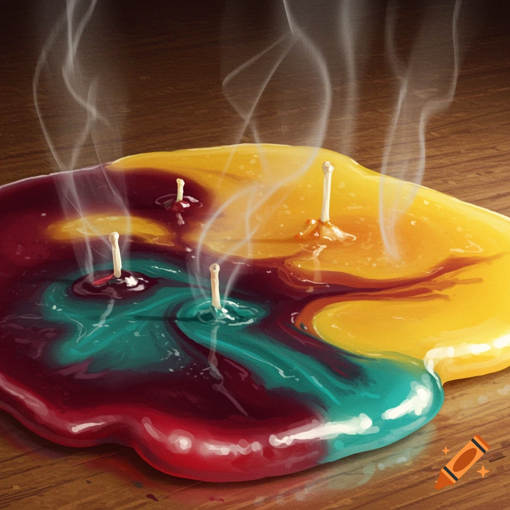 Colorful melted candle wax, with four smoking wicks, pooled on a wooden surface.