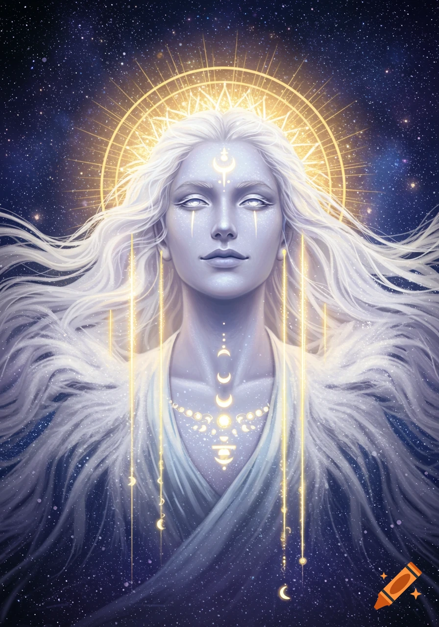 A stylized portrait of an ethereal being with flowing white hair, glowing eyes, and cosmic symbols on a starry background.