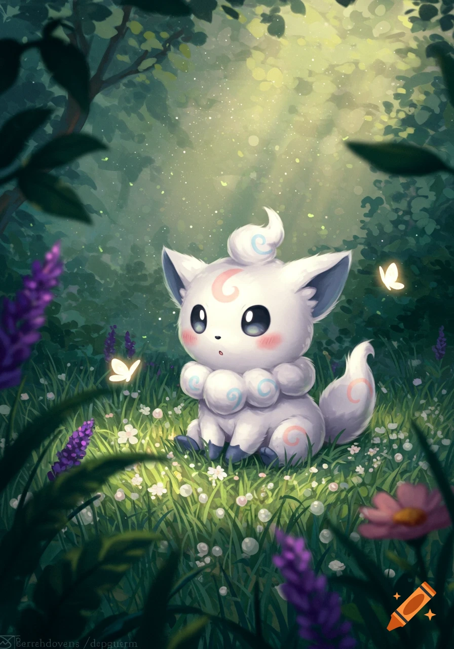 A cute white cat-like creature with pink and blue swirls sits in a magical forest clearing with glowing butterflies and flowers.