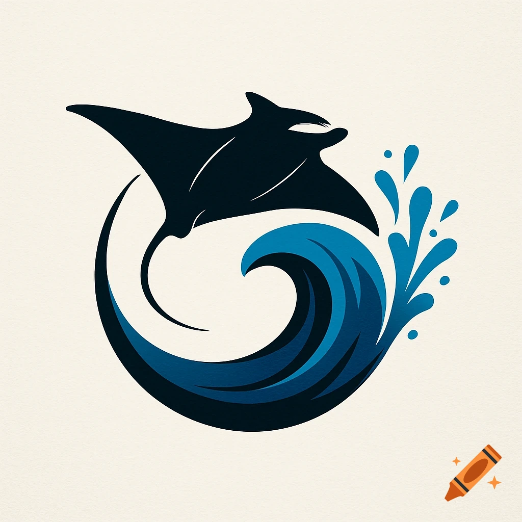 A dark blue manta ray emerges from a navy blue wave ring with water splashes, designed as a clean logo.