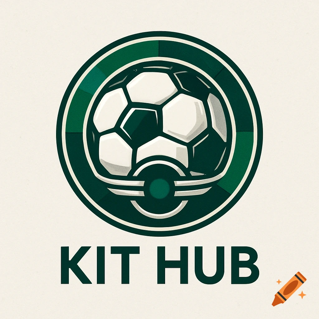 A circular logo featuring a stylized football within a dark green and white circle, with the text "KIT HUB" below. The logo has a clean, modern design.