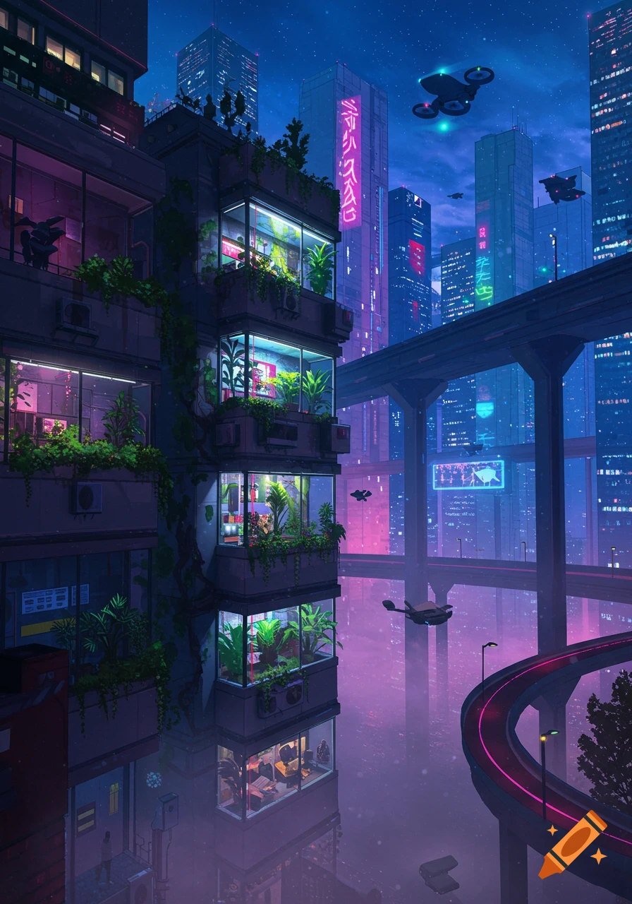A vibrant cyberpunk city at night with tall buildings, neon signs, elevated roads, and flying vehicles reflected on a wet surface, in an anime style.