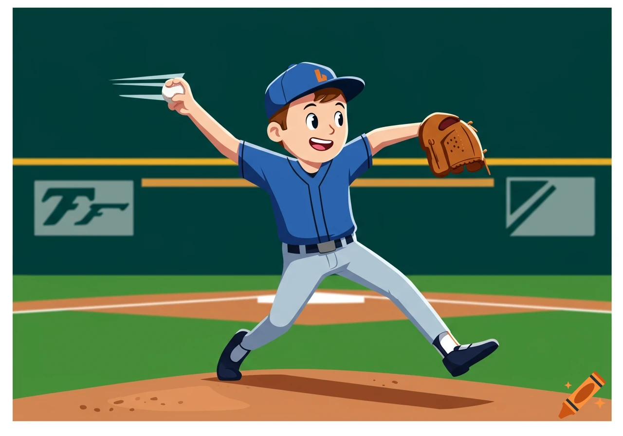 A cartoon boy in a blue baseball uniform pitches a baseball on a dirt mound in a stadium.