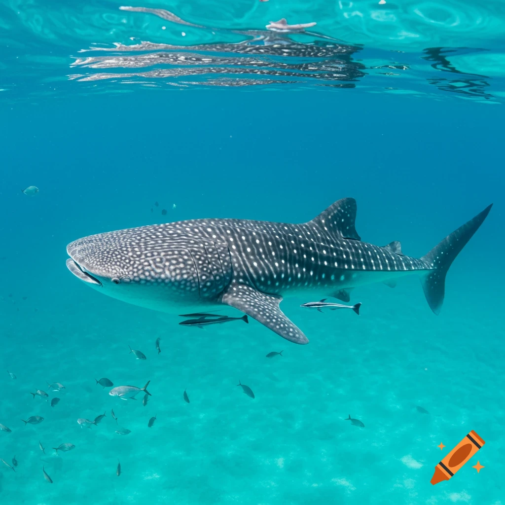 A large, spotted whale shark swims in clear turquoise ocean water with smaller fish, captured in a photorealistic style.