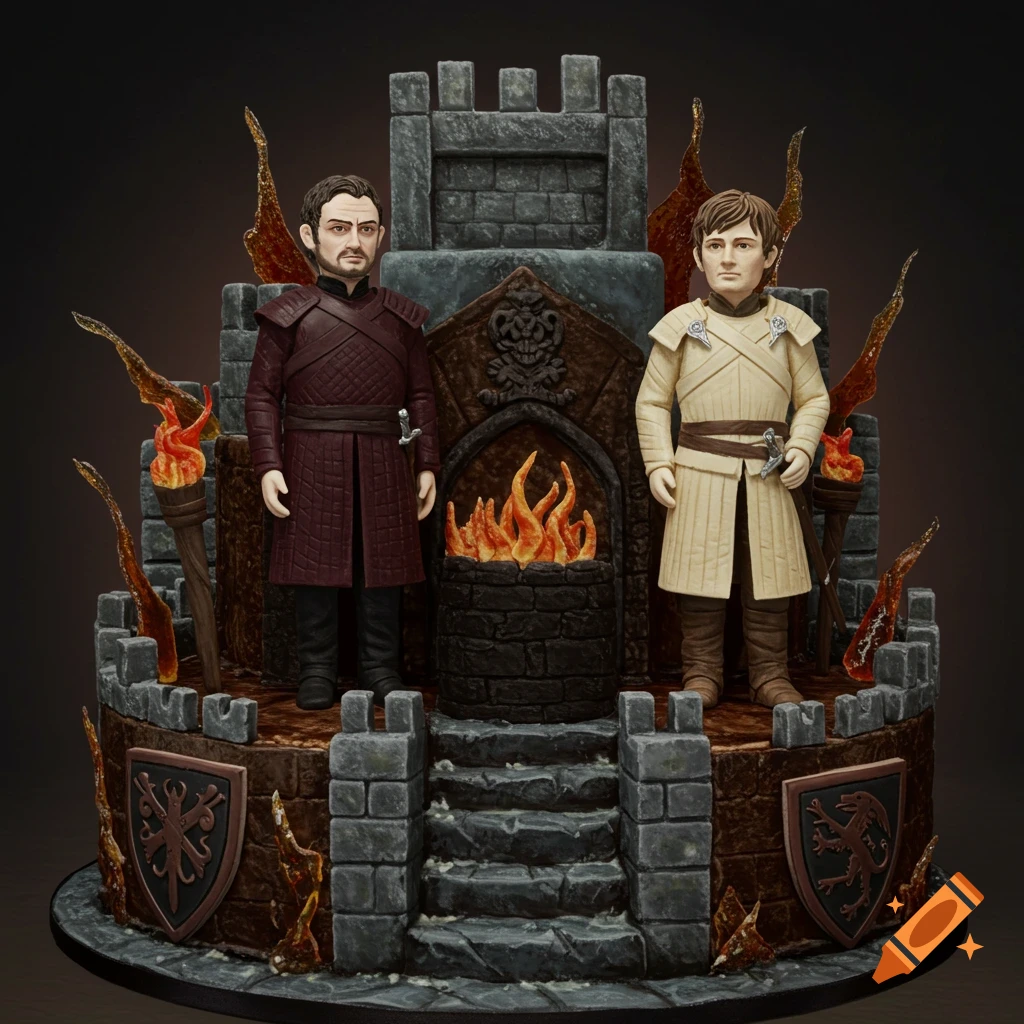 A highly detailed castle-shaped cake featuring edible figurines of Theon Greyjoy and Ramsay Bolton from Game of Thrones, with fire and shield details.