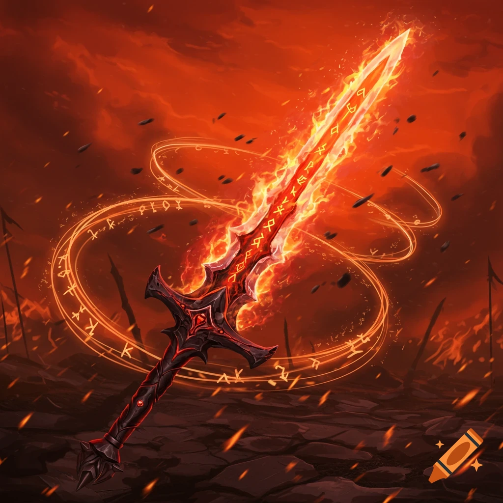 A flaming longsword with glowing runes floats above a fiery, desolate battleground under a red sky.