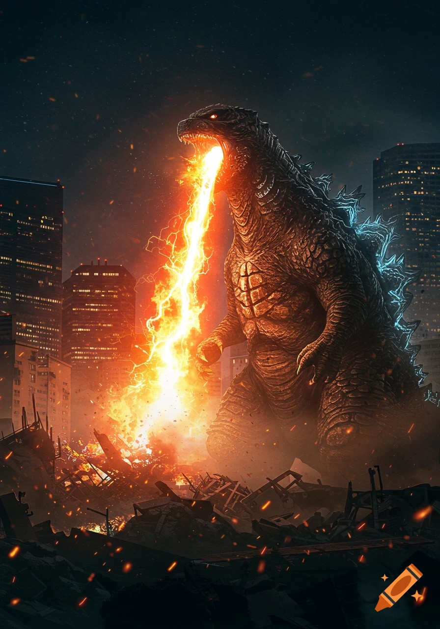 A large Godzilla breathes orange atomic fire in a destroyed city at night, with buildings glowing in the background.