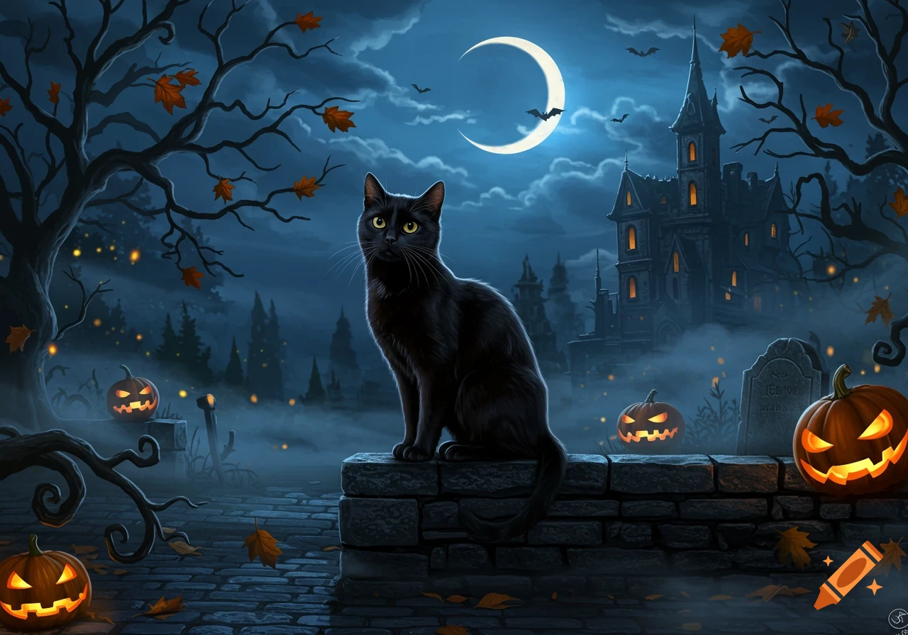 A black cat on a stone wall in a spooky Halloween night scene with jack-o'-lanterns, bats, and a haunted mansion.