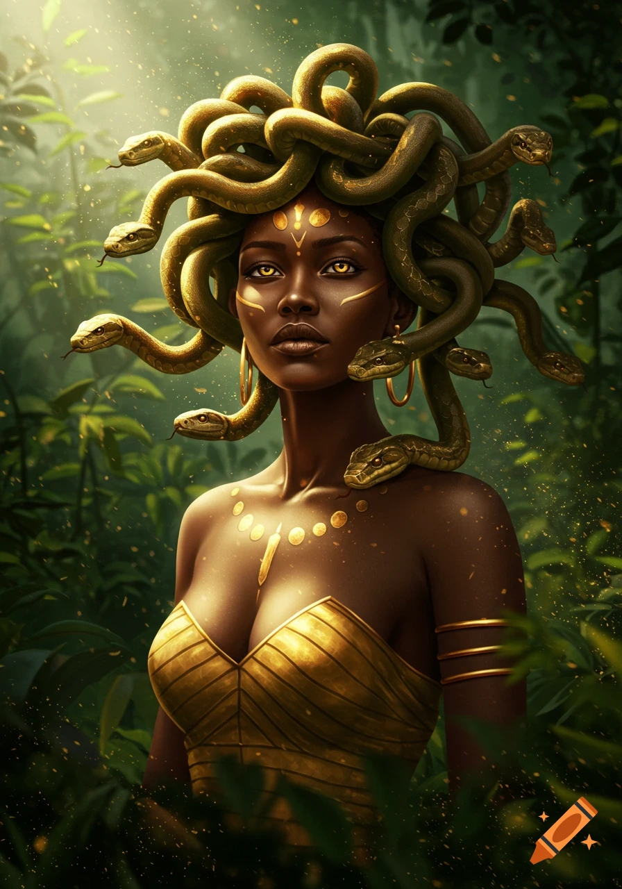 An elegant African Medusa with golden eyes, snakes for hair, and gold body accents stands in a lush jungle.