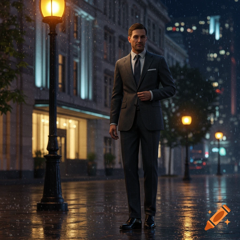 A man in a gray suit stands on a wet city street at night, with rain falling and streetlights illuminating the scene.