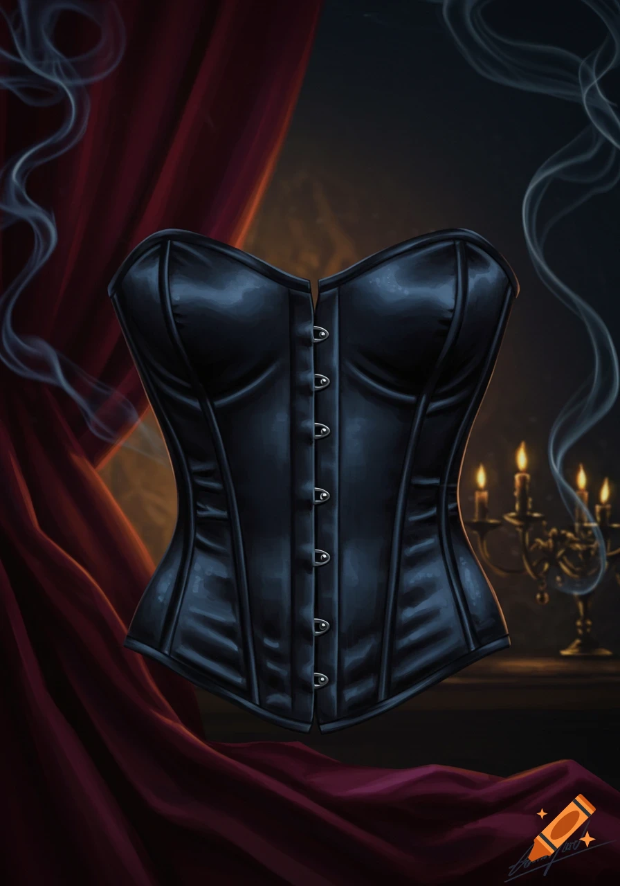 An illustration of a black satin corset hanging in front of red curtains, with a lit candelabra and smoke in the background.