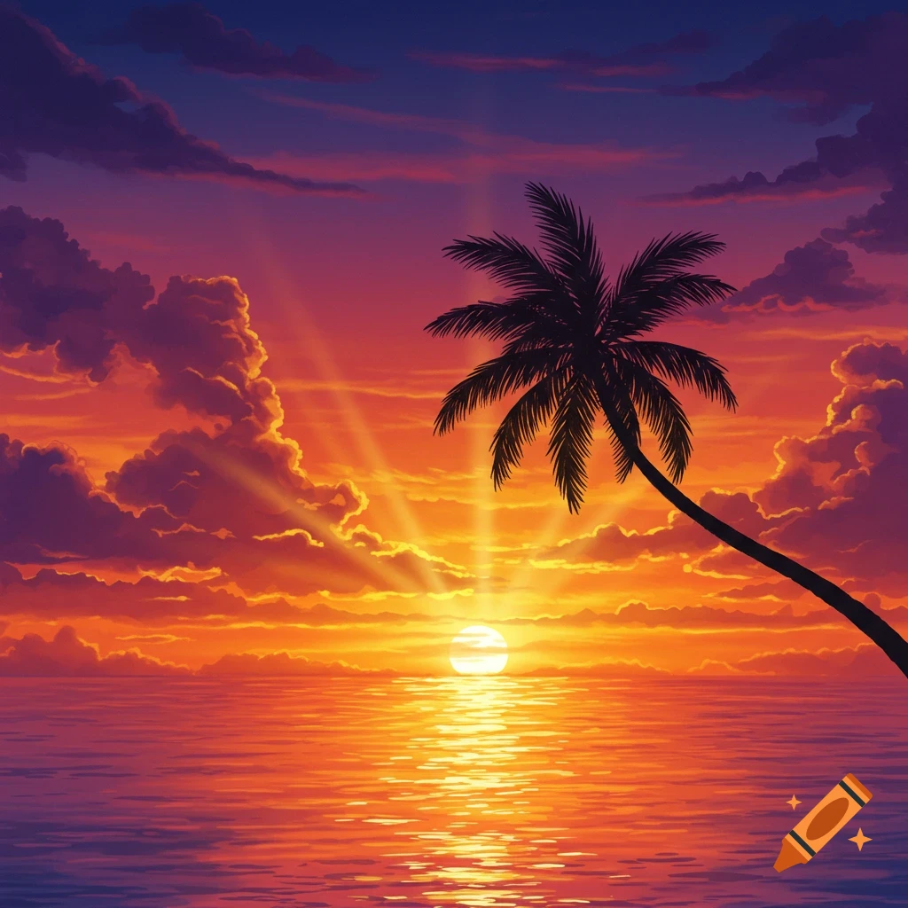A vibrant sunset over the ocean with a silhouetted palm tree in the foreground and dramatic clouds.