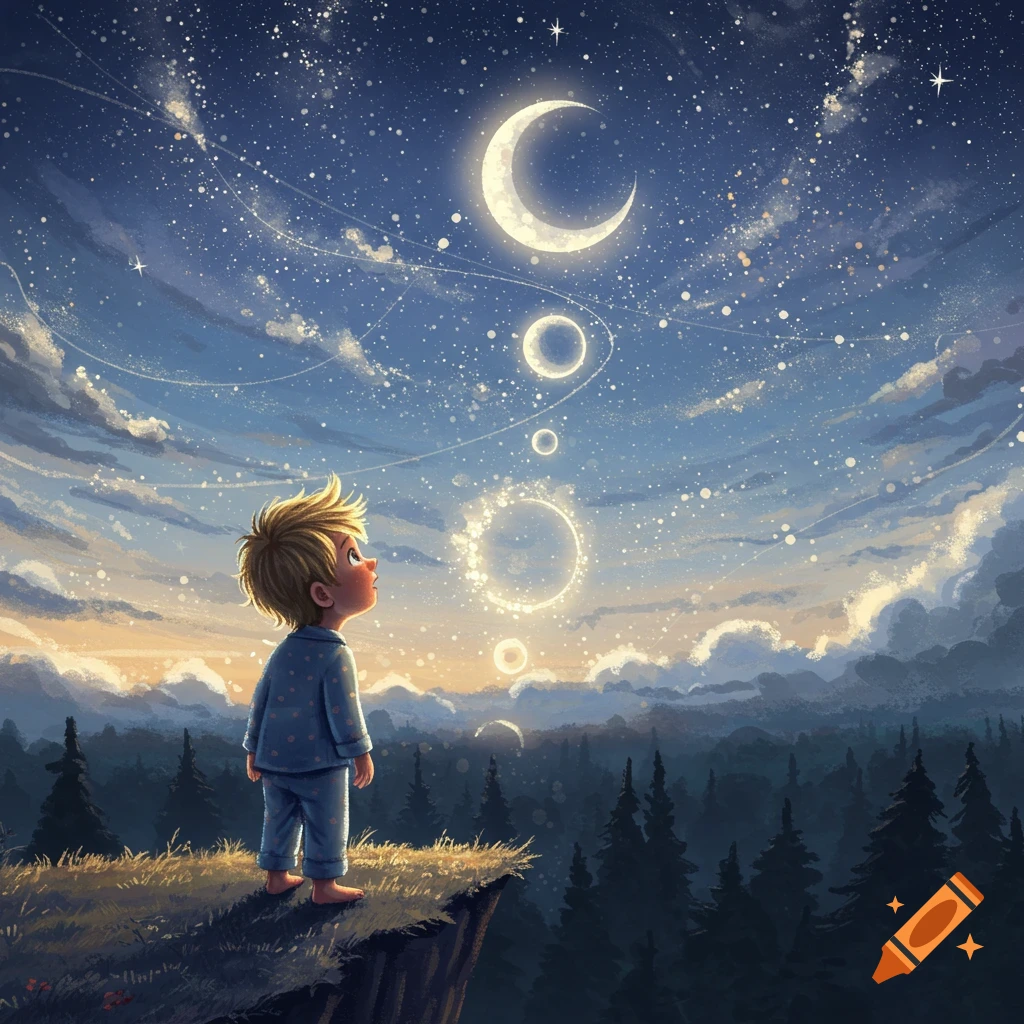 A young boy in pajamas stands on a cliff, gazing at a crescent moon and glowing orbs in a whimsical, star-filled night sky.