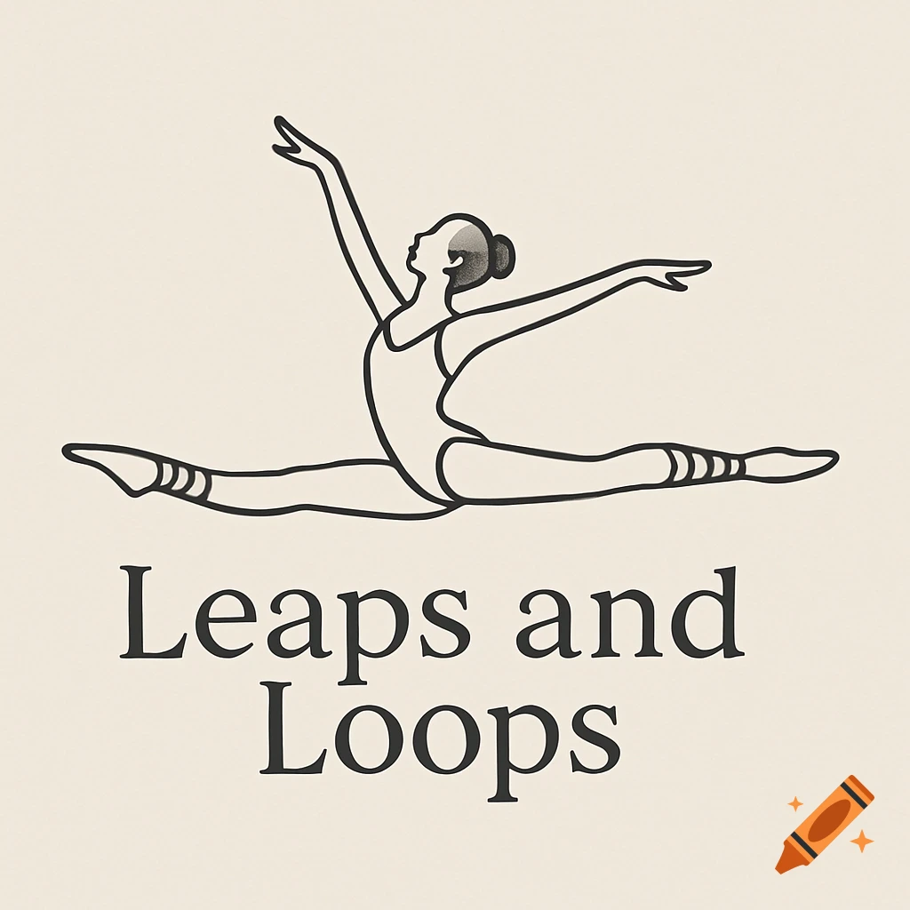 Outline illustration of a female dancer in a split leap above the words 'Leaps and Loops'.
