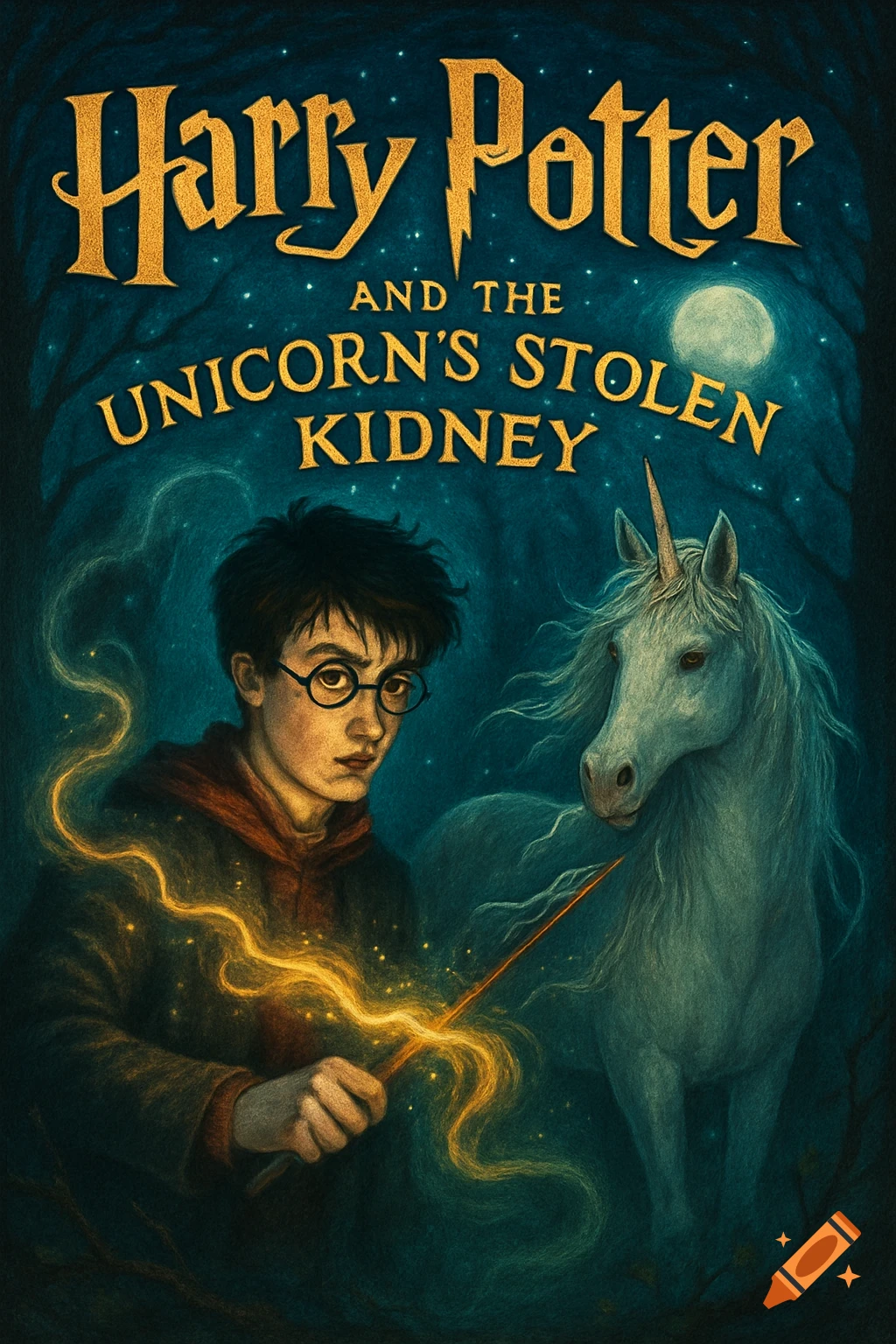 Illustrated book cover for 'Harry Potter and the Unicorn's Stolen Kidney,' featuring Harry Potter and a unicorn in a starry forest.