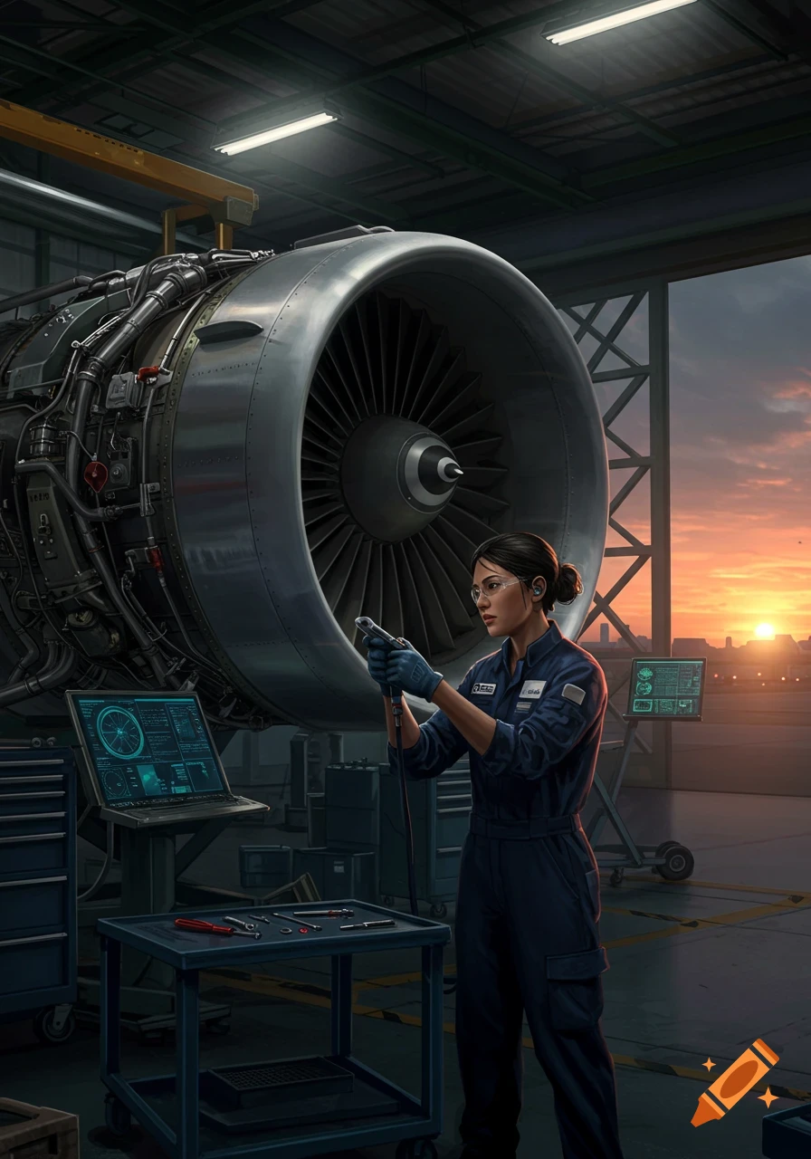 A woman in a mechanic's uniform works on a large jet engine inside an airplane hangar at sunset.