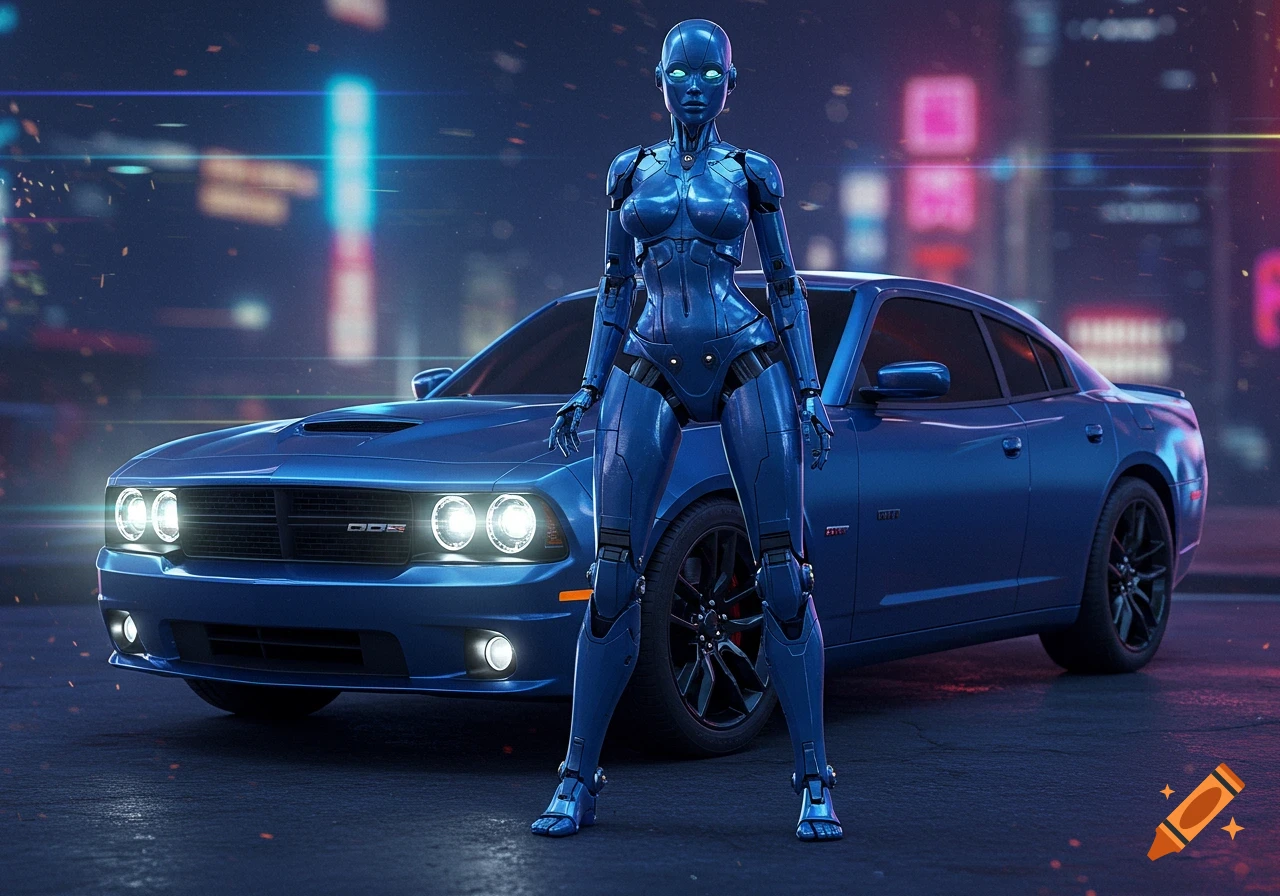 Blue metallic humanoid robot standing in front of a blue car at night in a neon-lit city street, photorealistic style.