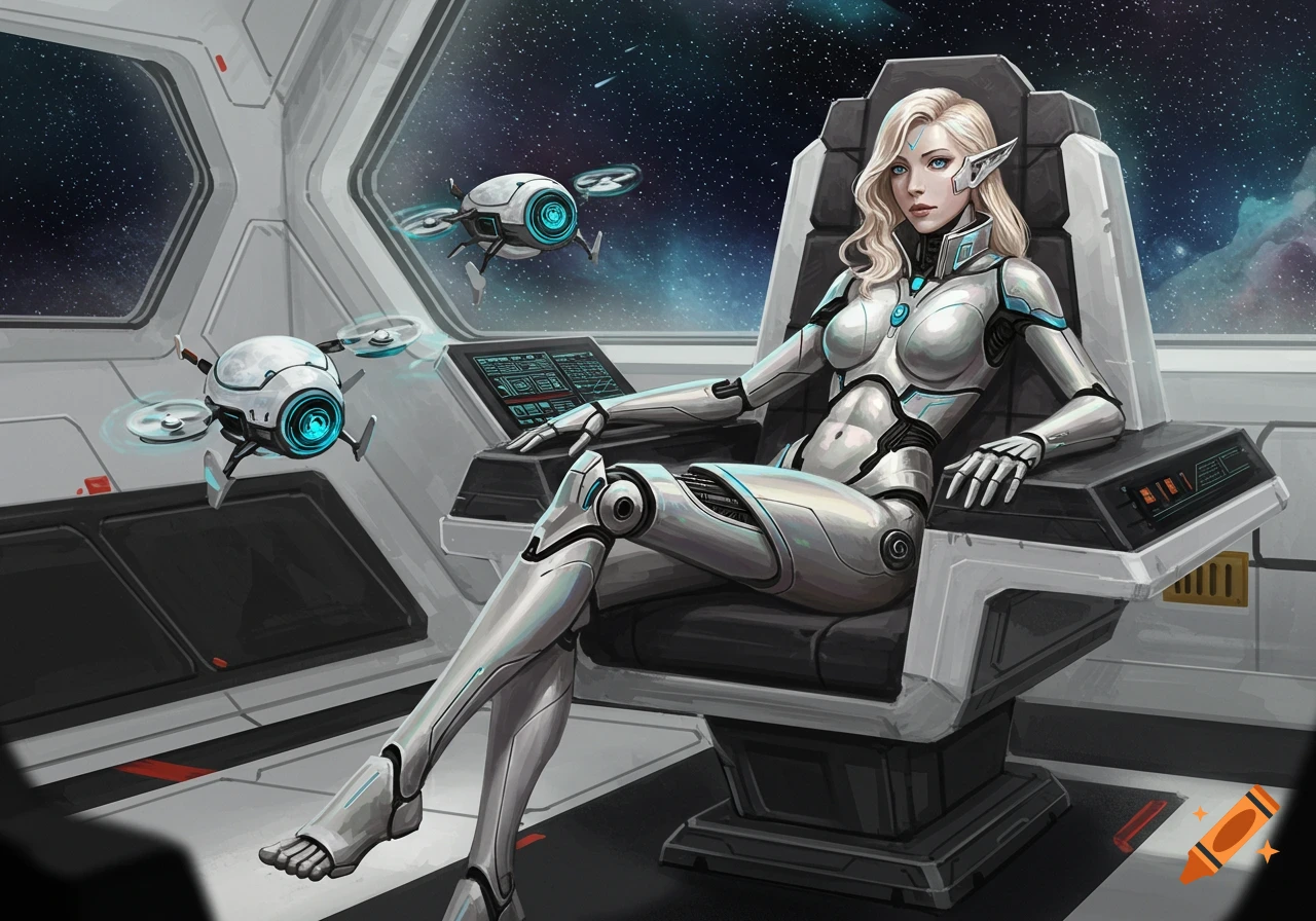 A blonde female cyborg in a white and blue suit sits in a spaceship cockpit, with two drones flying nearby and a view of space outside the window.
