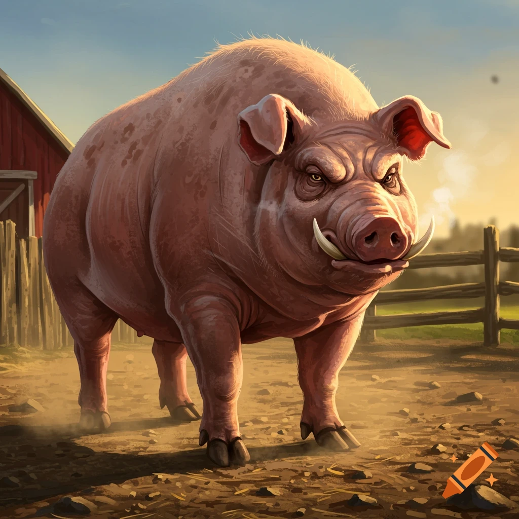 A large, menacing pink pig with tusks stands in a dusty farmyard, with a red barn and fence behind it.