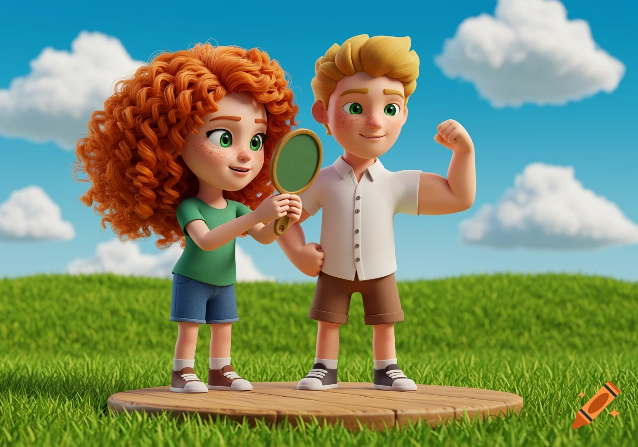 A 3D cartoon girl with red curly hair holds a mirror for a boy flexing his bicep, both smiling outdoors on a sunny day.