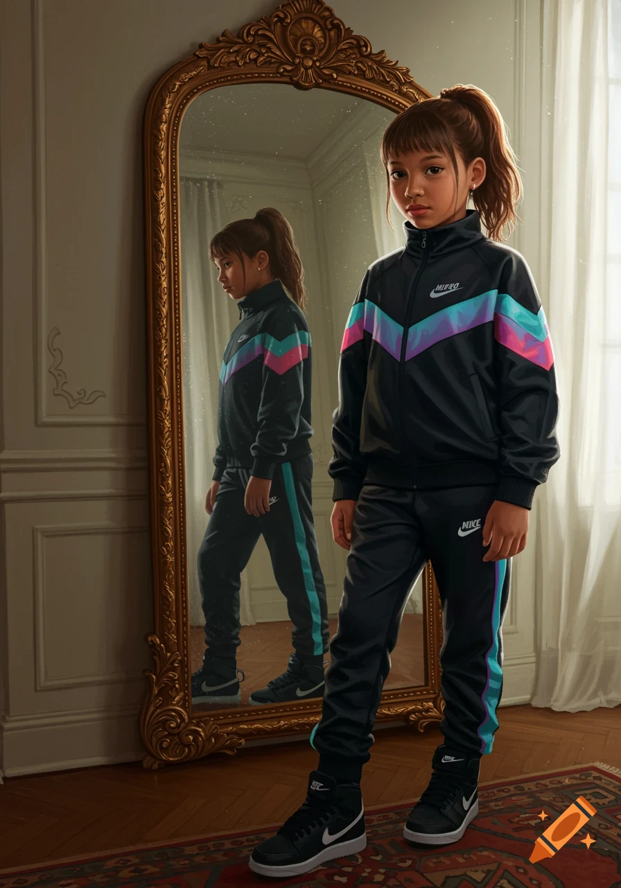 Photorealistic portrait of a young girl in a black tracksuit with pink and blue accents, standing in front of a gilded mirror.
