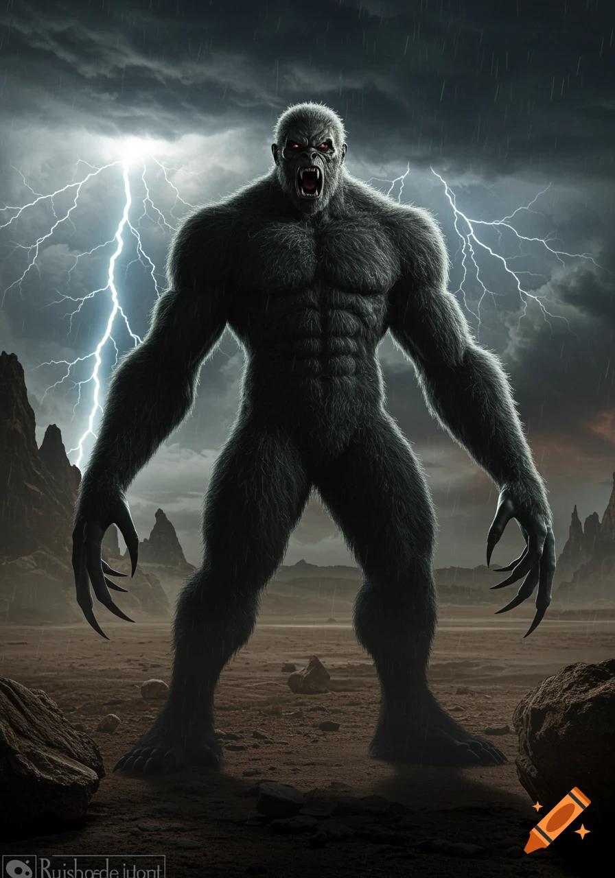 A large, muscular, grey-furred monster with red eyes and sharp talons stands menacingly in a barren landscape under a stormy, lightning-filled sky.