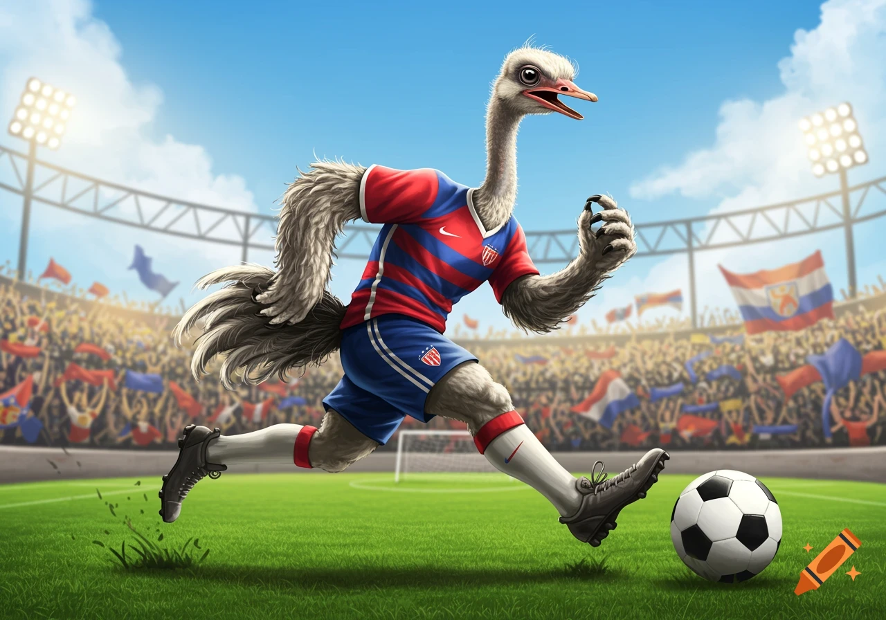 An illustrated ostrich in a red and blue soccer uniform dribbles a soccer ball on a green field in a stadium.