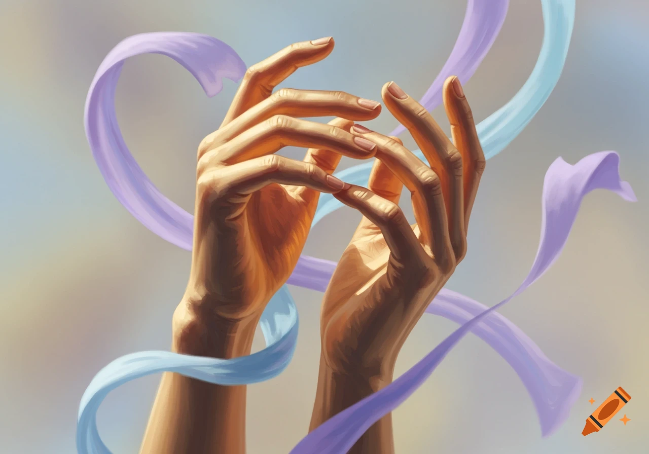 Digital painting of two hands intertwined with flowing purple and blue ribbons against a soft, light background.