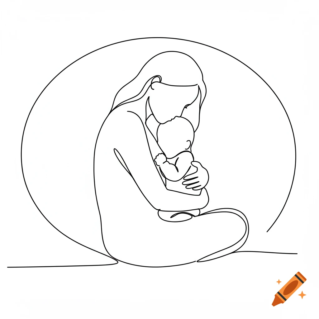 A minimalist line art drawing of a mother embracing her baby within a circular outline.