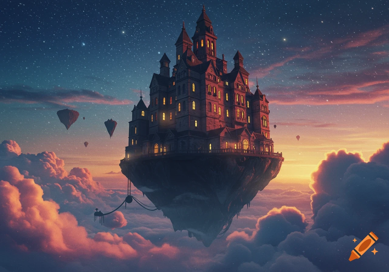 A detailed castle floats on an island amidst sunset clouds and stars in a fantastical sky.