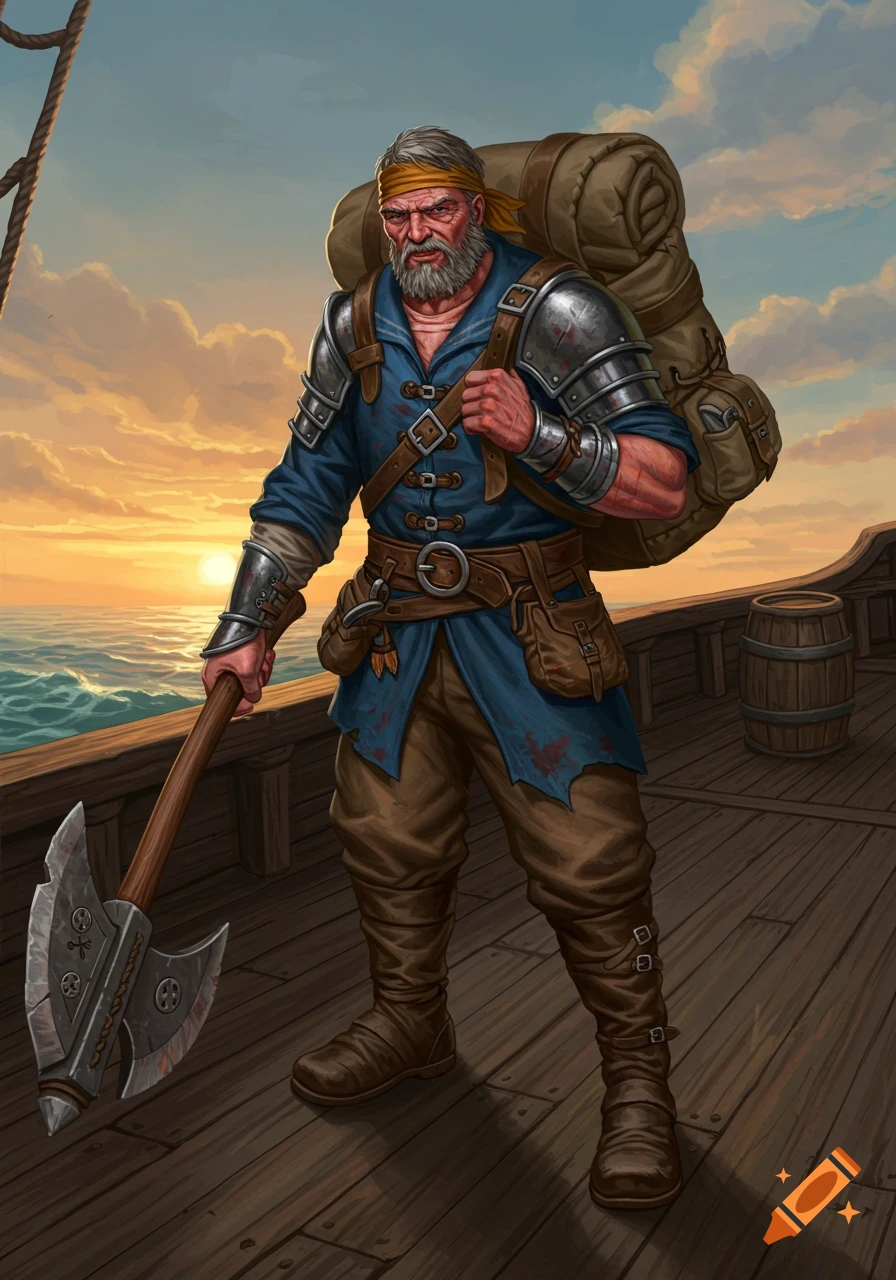 A rugged merchant sailor with an axe and large backpack stands on a wooden ship deck at sunset. Detailed digital illustration.