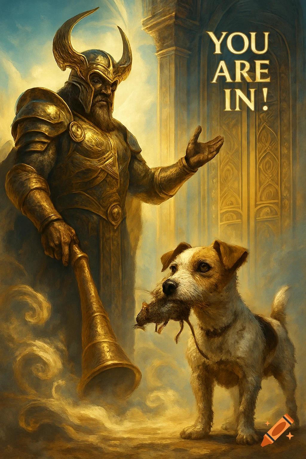 Heimdall in golden armor stands at Valhalla's gates, with a Jack Russell dog holding a dead mouse in its mouth. Text reads "YOU ARE IN!".