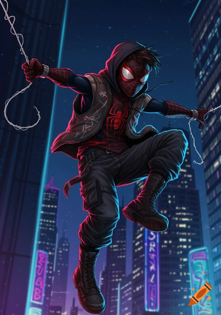 A stylized illustration of a Spider-Man like character, a spidersona with a black suit and red webbing, wearing a hoodie, cargo pants, and combat boots, leaping against a neon-lit city skyline at night.