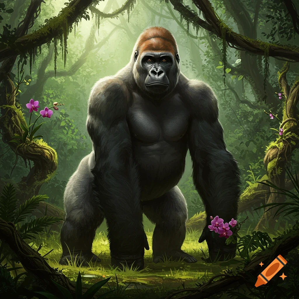 A massive, photorealistic gorilla stands in a lush green jungle with purple orchids.