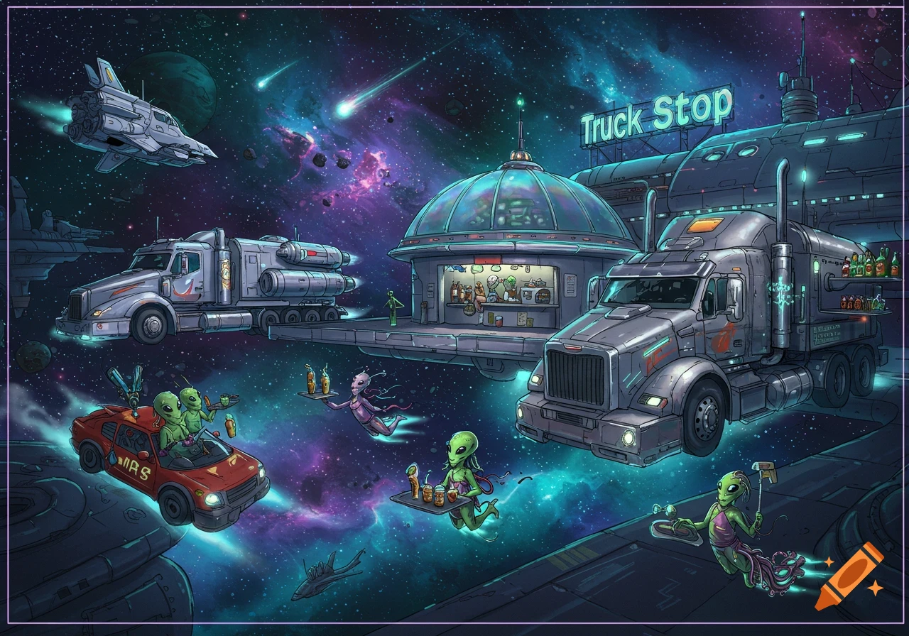 A vibrant cartoon illustration of a bustling alien truck stop in outer space, with space trucks, a flying car, and alien car hops serving drinks.