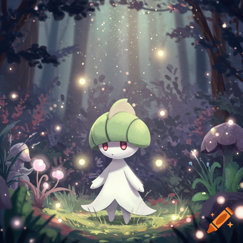 A small white creature with a green mushroom-like head, Ralts, stands in a dark, magical forest with glowing fireflies and plants.