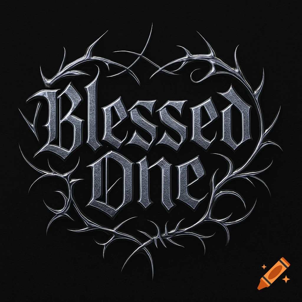 Metallic gothic style logo with the words 'Blessed One' encircled by thorny vines on a black background.
