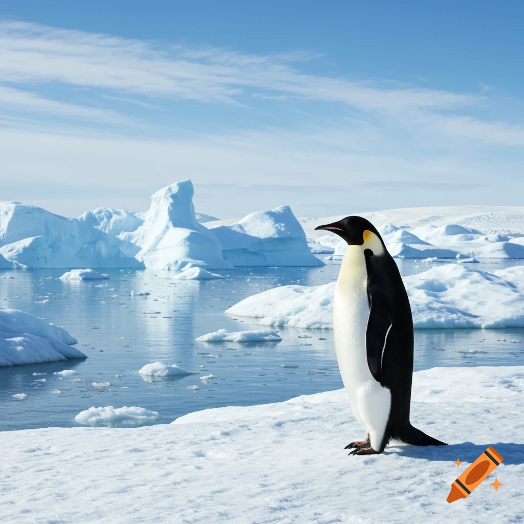 An emperor penguin stands on a snowy shore with icebergs and water under a blue sky in Antarctica, photorealistic.