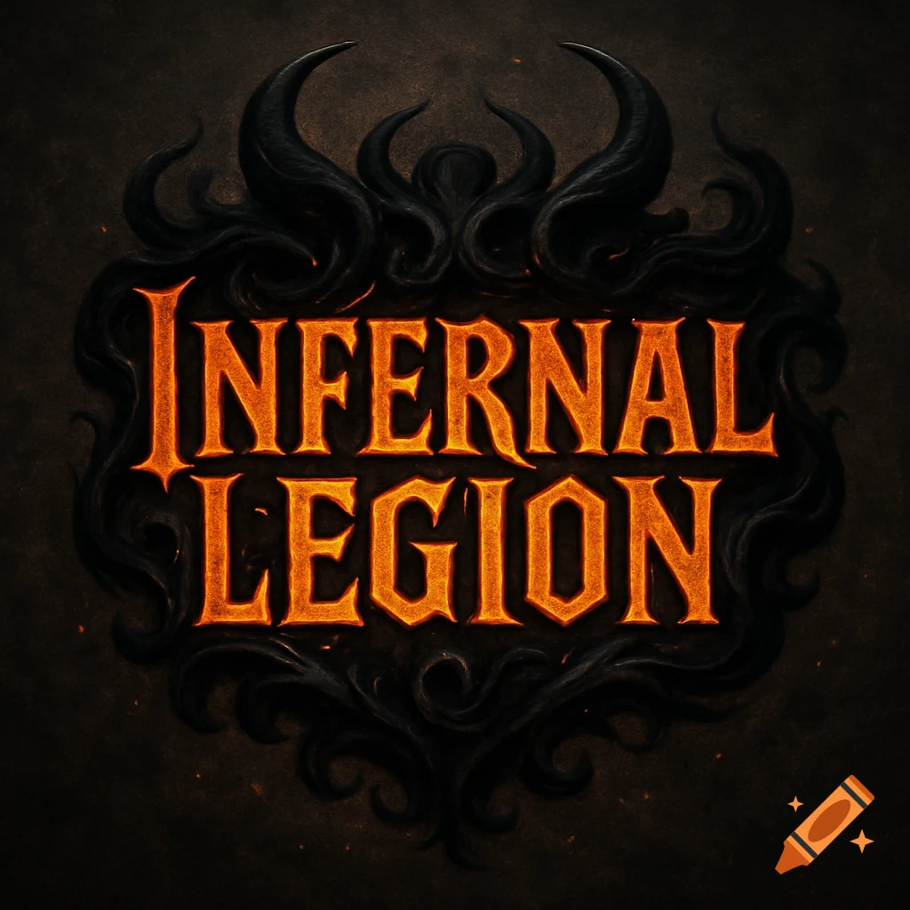 Stylized fiery orange text 'INFERNAL LEGION' on a dark, swirling, horned emblem with embers.
