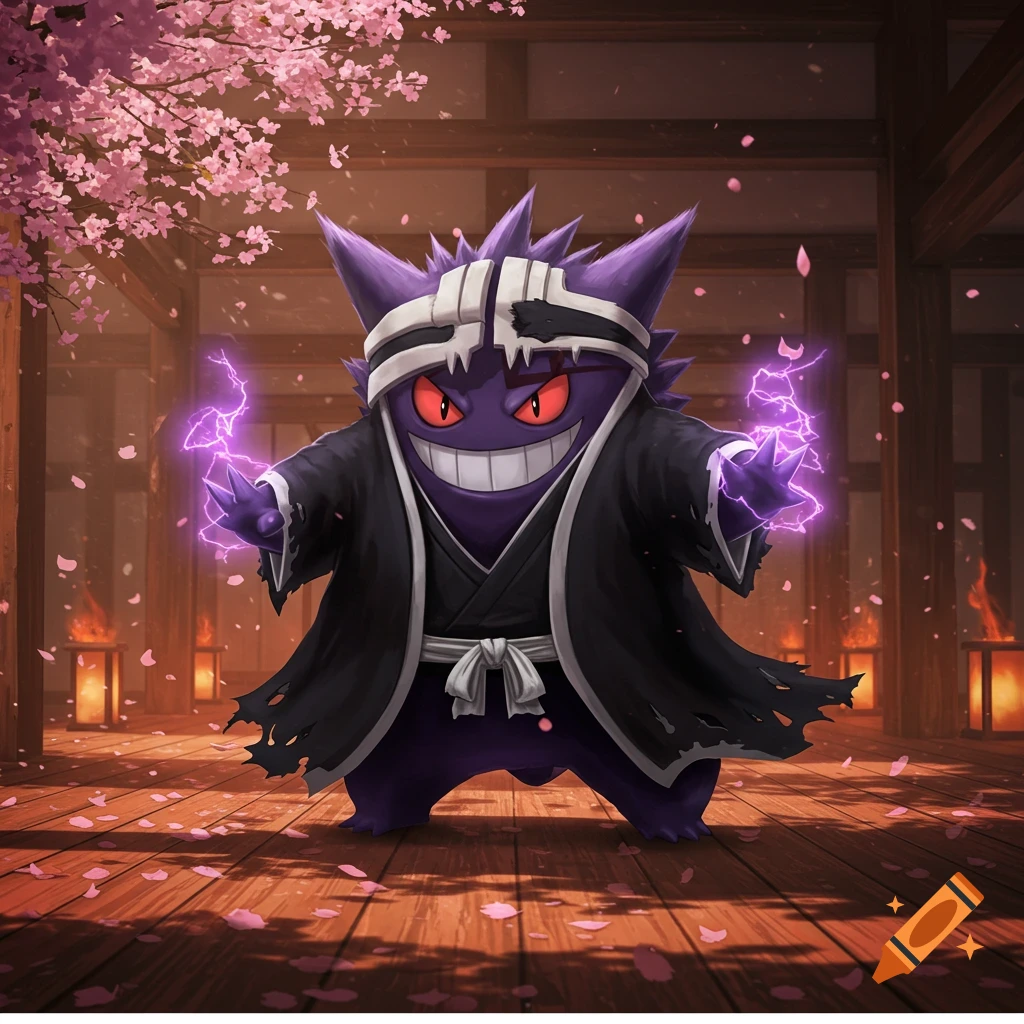A purple Gengar in a black cloak and white headpiece, emitting purple lightning from its hands, stands in a Japanese room with cherry blossoms.