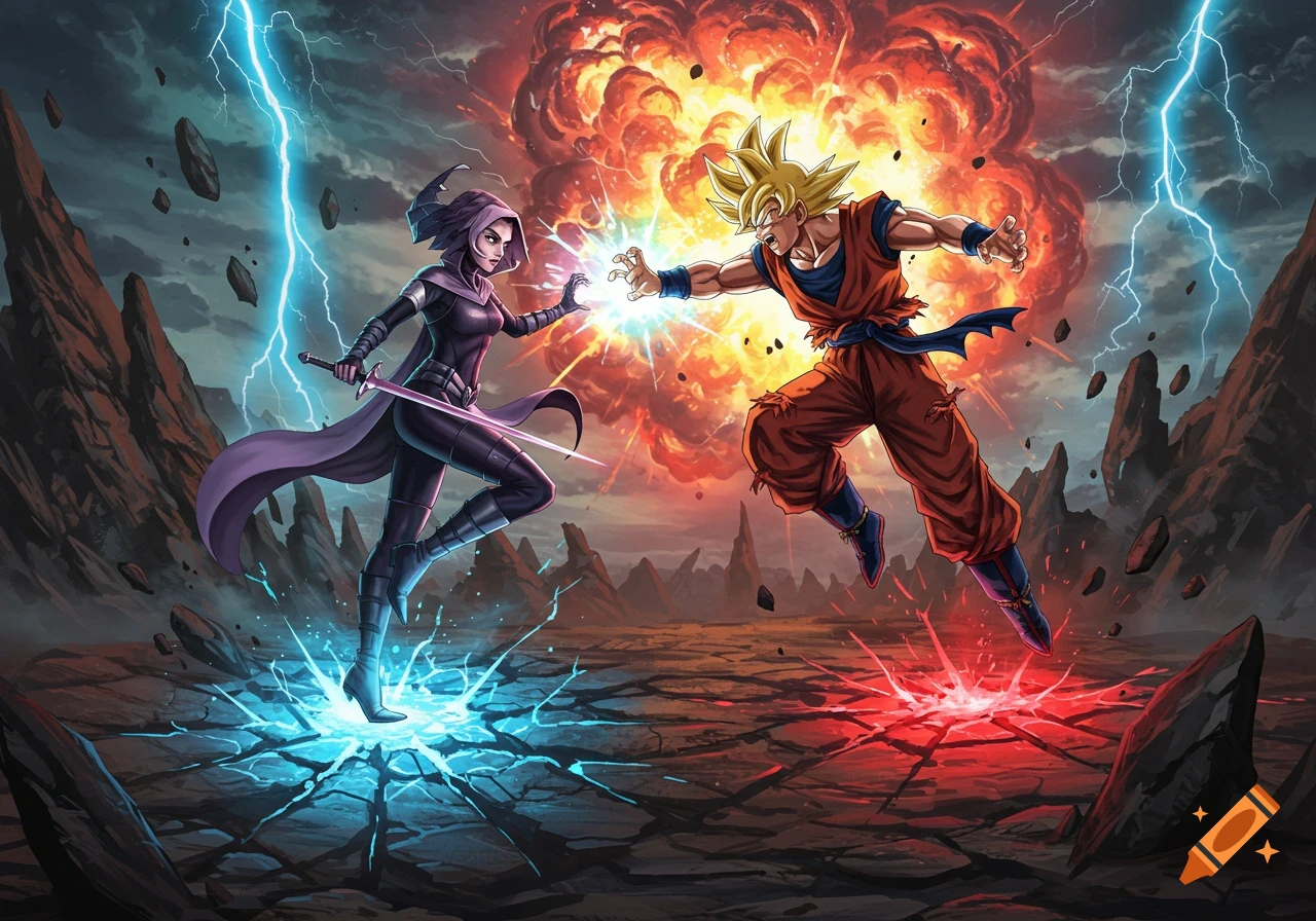 Magik and Goku battle in an apocalyptic landscape, surrounded by lightning and a large explosion, exchanging energy blasts.