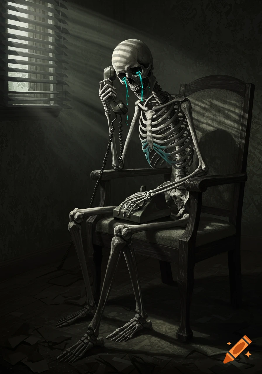 A skeletal figure sits in a dark room with light from blinds, holding a phone to its ear with blue tears streaming down its face.