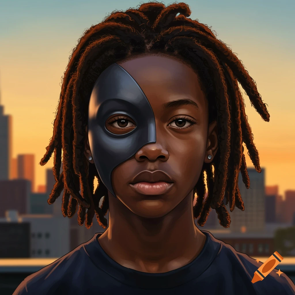 Close-up portrait of a Black boy with dreadlocks and a black half-mask against a sunset city background.