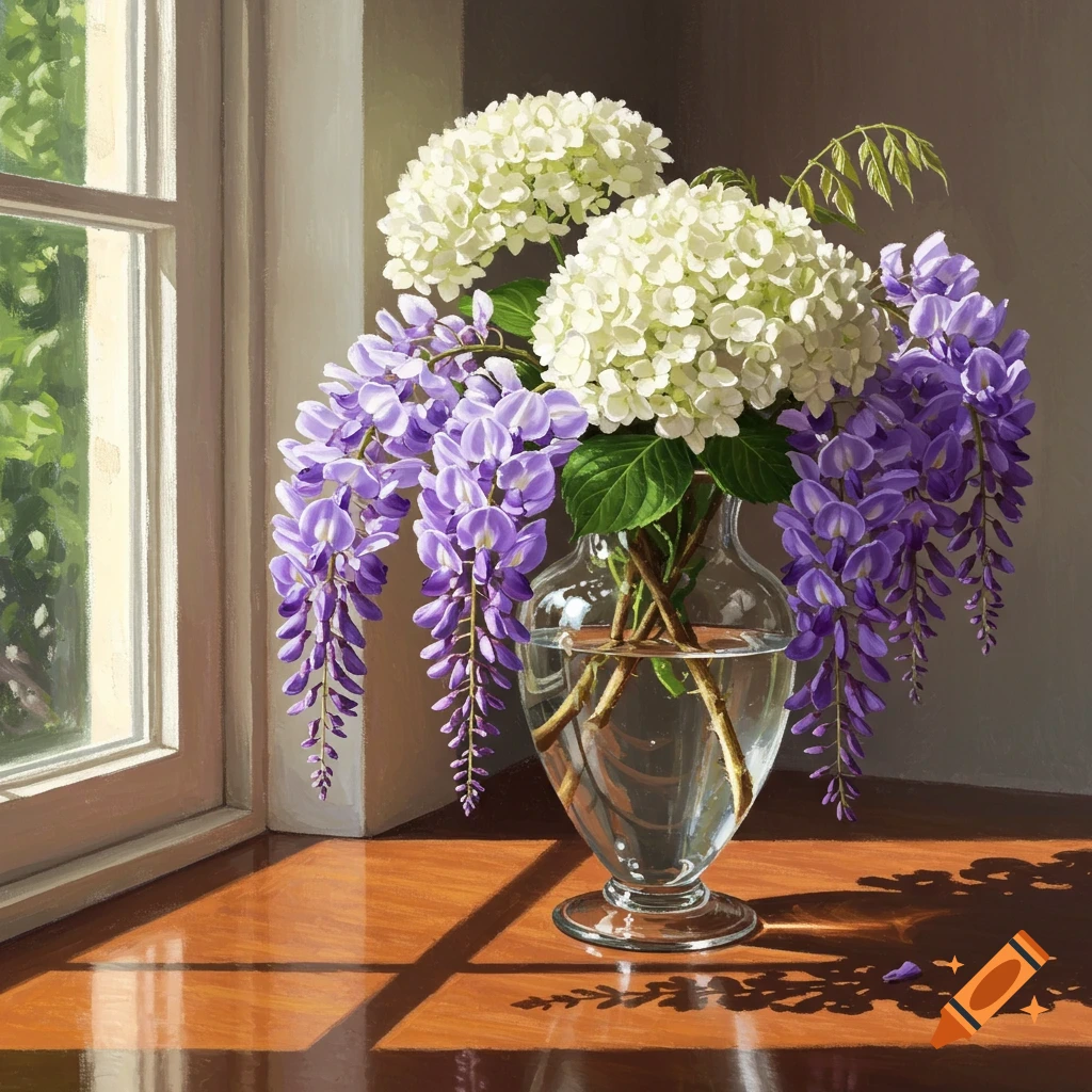 Still life painting of purple wisteria and white hydrangeas in a glass vase on a glossy wooden table by a window.