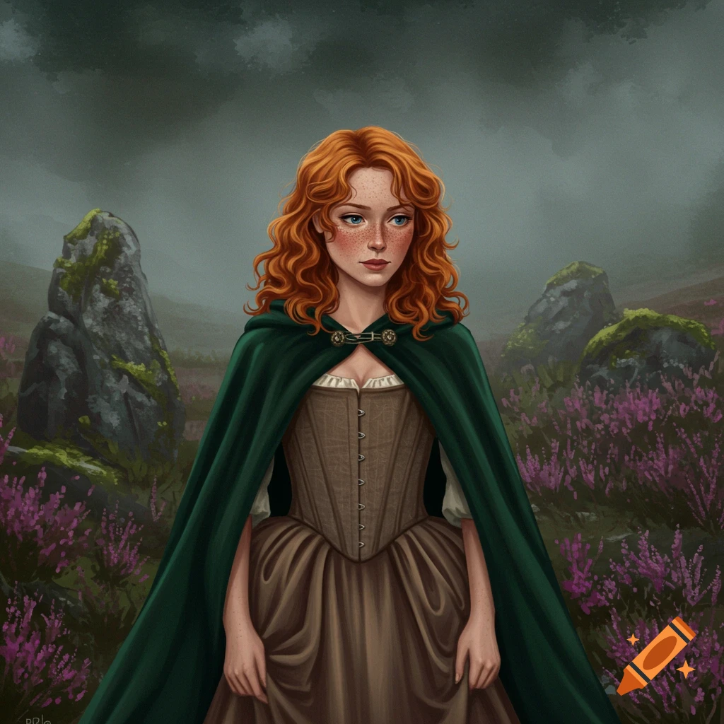 A red-haired woman with freckles wears a green cloak and brown corset dress, standing in a misty landscape with mossy rocks and purple heather.