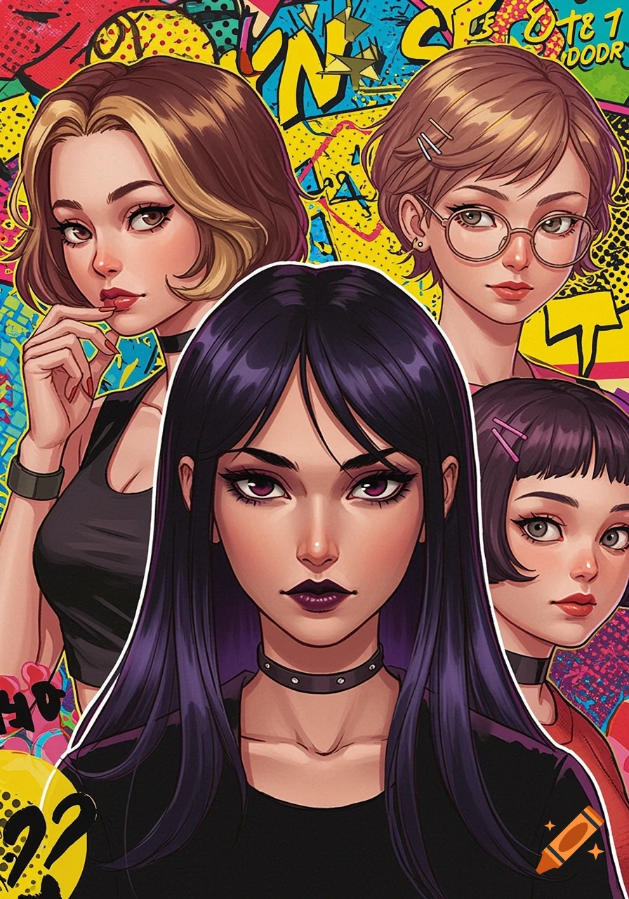 Four stylized young women with different hairstyles and expressions in a vibrant, pop art comic book background.