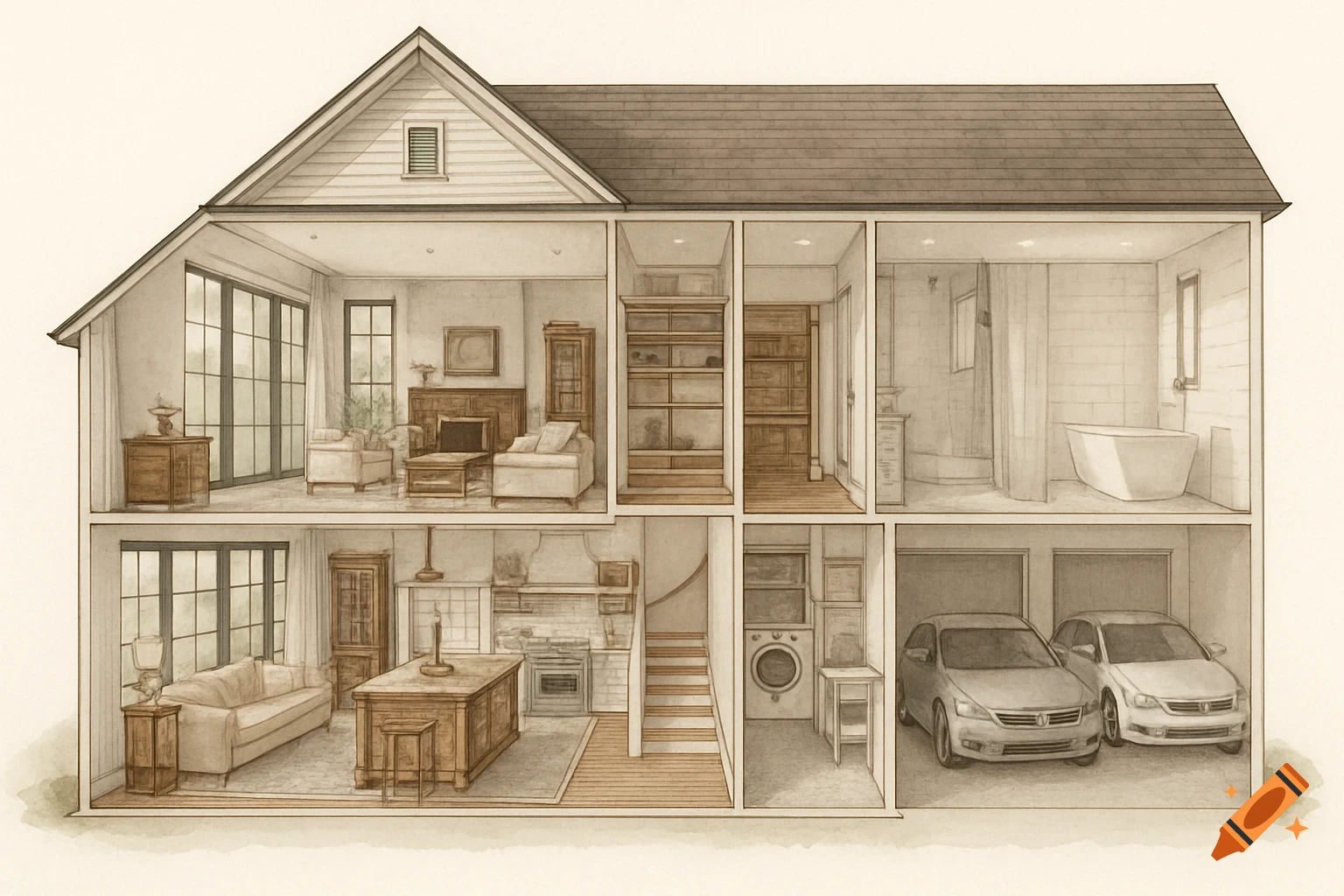 Detailed cutaway architectural drawing of a two-story house, showing interior rooms like kitchen, living room, garage, and bathroom.