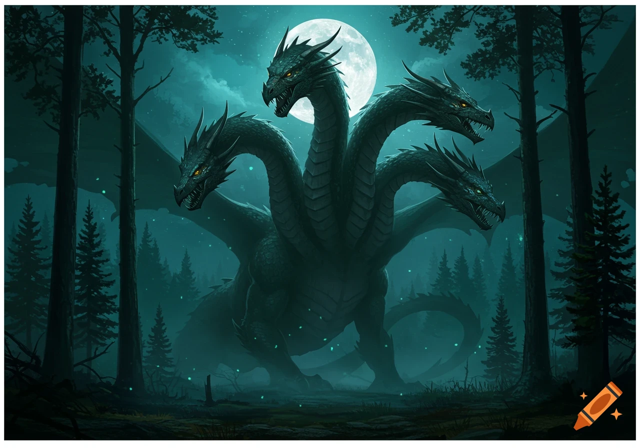 A multi-headed dragon stands in a dark pine forest at night, with a full moon behind it.