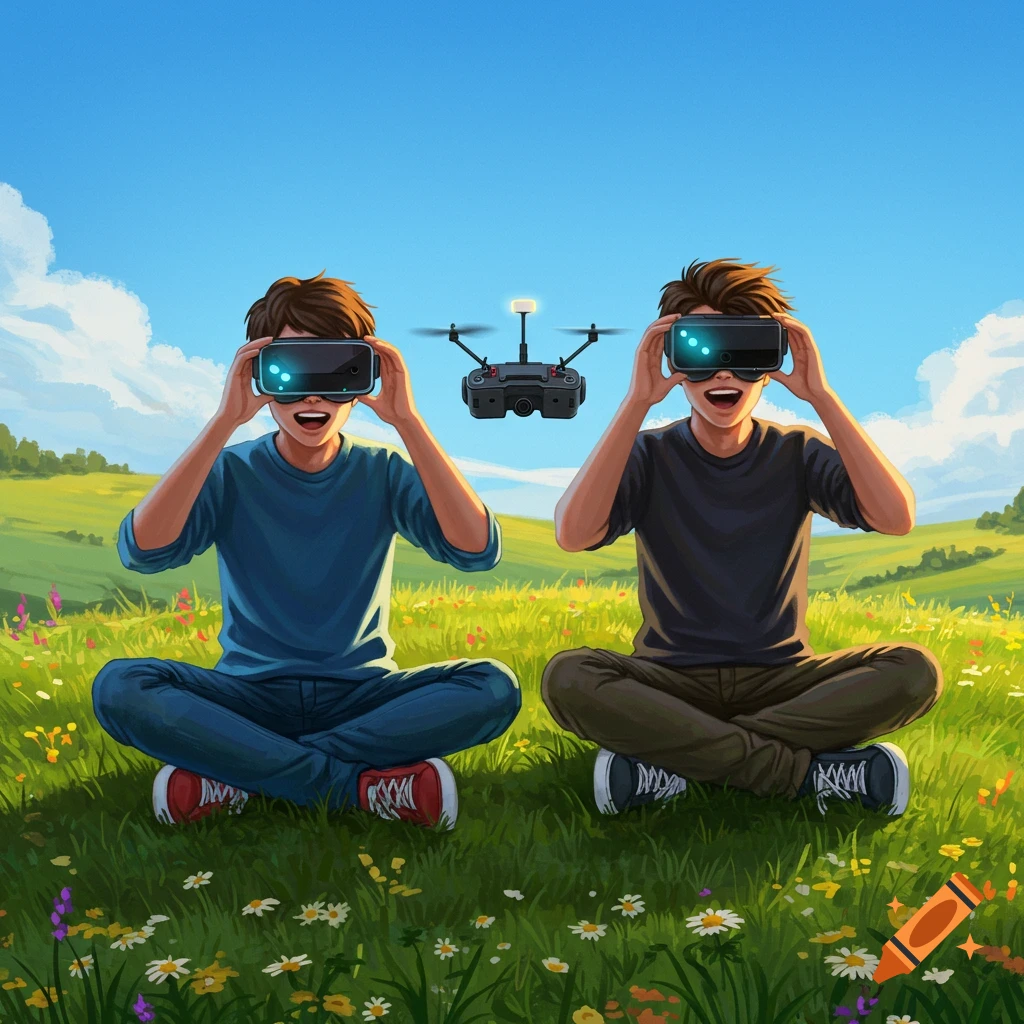 Two young men sit cross-legged in a vibrant green field, wearing FPV goggles and looking up at a hovering drone, in a stylized illustration.